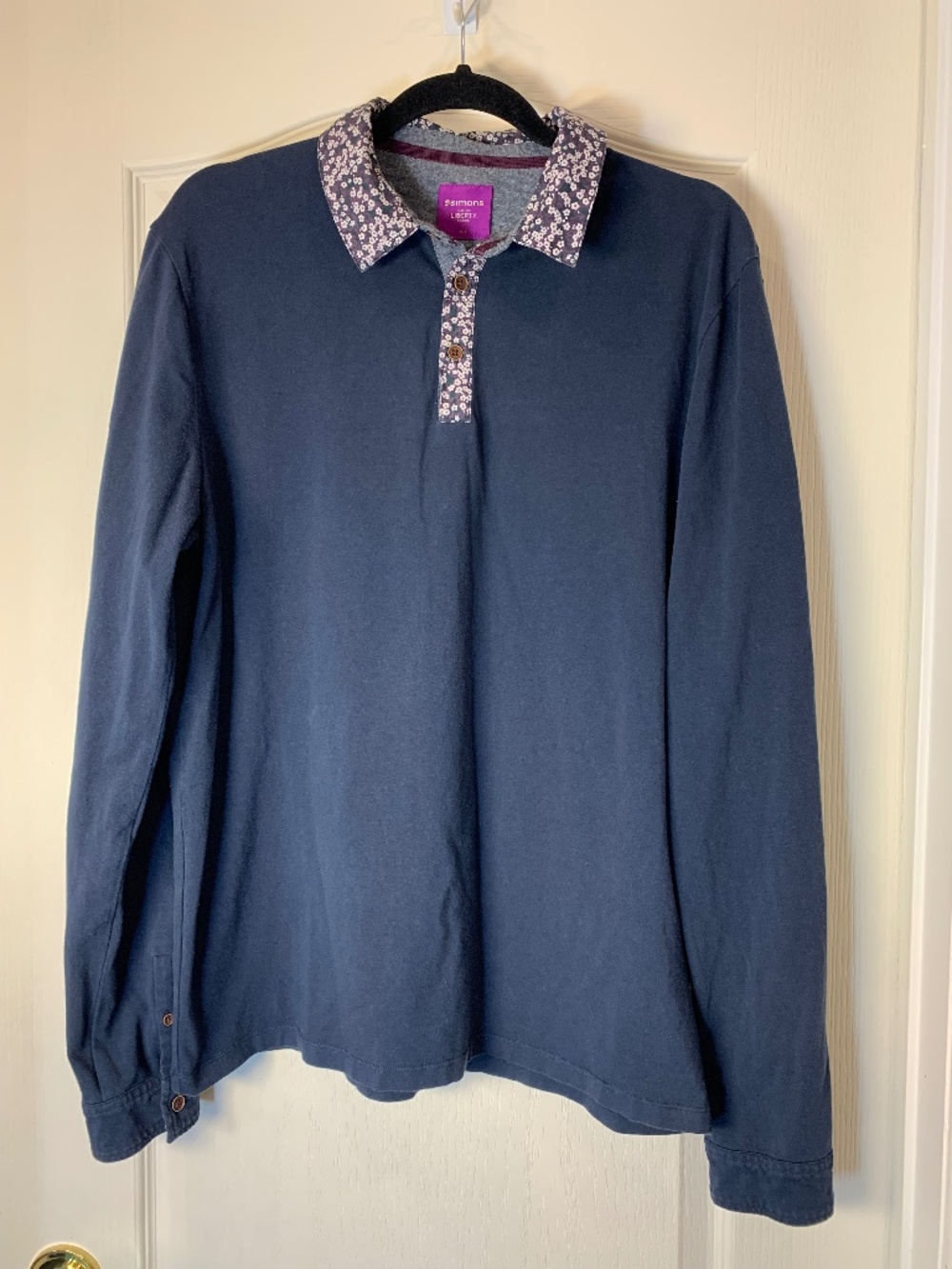 Liberty Fabrics Mens Long Sleeve Polo Navy Burgundy White Button Cuff Preppy L